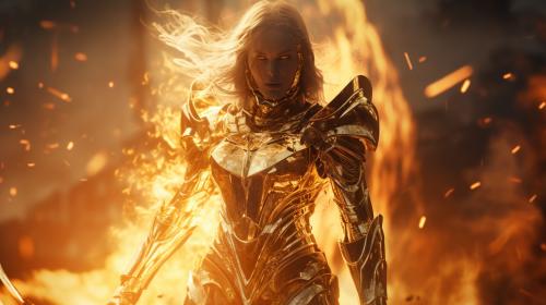 Female space warrior,golden energy,white armor,holding a sword,spaceship in the background,4k UHD,walking through golden fire