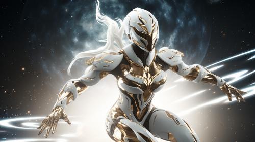 Warframe,female warframe,in front of the stars,white hair,white armor,4k UHD,golden energy,hips,high heels,jumping