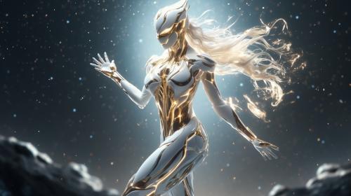 Warframe,female warframe,in front of the stars,white hair,white armor,4k UHD,golden energy,hips,high heels,jumping