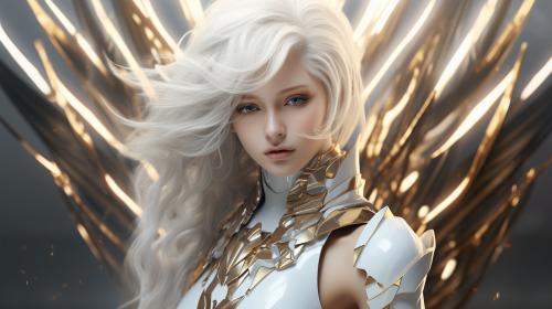 Pwarframe girl,beautiful,white hair,blind,golden energy,white armor,angel wings,wings,black lips,skin cracks