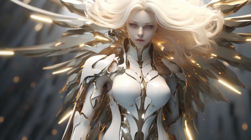 Pwarframe girl,beautiful,white hair,blind,golden energy,white armor,angel wings,wings,black lips,skin cracks