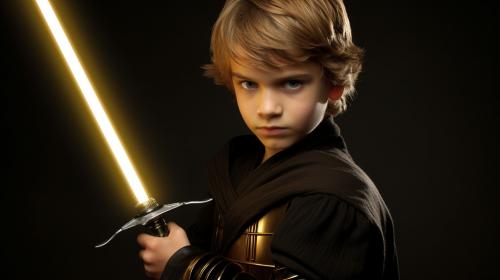 Anakin skywalker holding a gold light saber