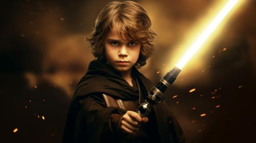 Anakin skywalker holding a gold light saber