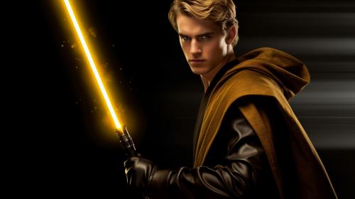 Anakin skywalker holding a gold light saber