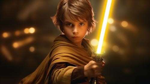 Anakin skywalker holding a gold light saber