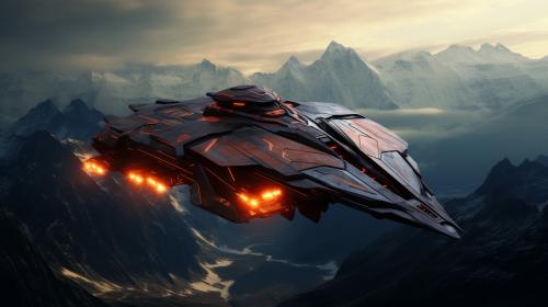 A sci fi spaceship flying threw mountains