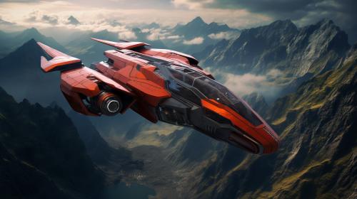 A sci fi spaceship flying threw mountains