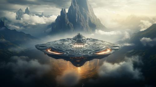 A sci fi spaceship flying threw mountains