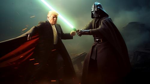 Donald trump as a jedi fighting joe biden a sith