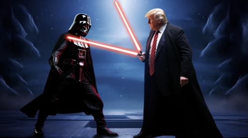 Donald trump as a jedi fighting joe biden a sith