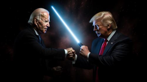 A lightsaber dual between donald trump and joe biden