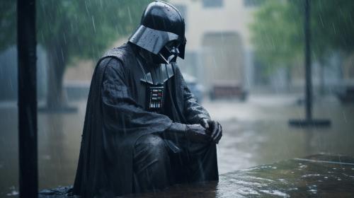 Darth vader sat down in heavy rain sad