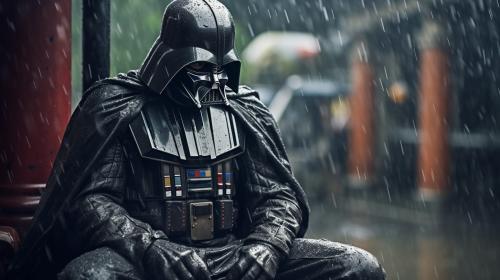 Darth vader sat down in heavy rain sad