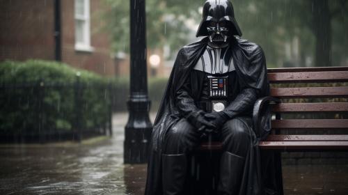 Darth vader sat down in heavy rain sad