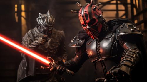 Darth maul wearing mandalorian armour fighting darth Vader