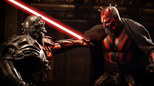 Darth maul wearing mandalorian armour fighting darth Vader