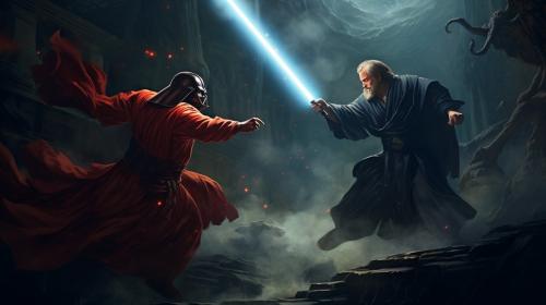 Yoda and obi wan fighting darth vader and darth sidious on the deathstar