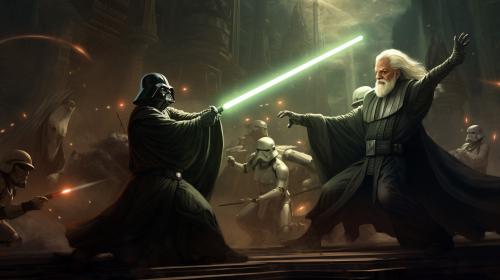 Yoda and obi wan fighting darth vader and darth sidious on the deathstar