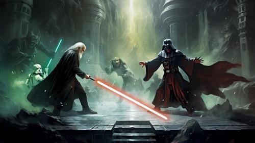 Yoda and obi wan fighting darth vader and darth sidious on the deathstar