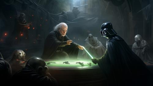 Yoda and obi wan fighting darth vader and darth sidious on the deathstar