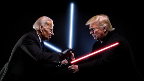 A lightsaber fight between joe biden and donald trump