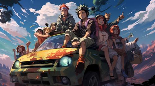 Drift cars in Japan with the main characters from naruto driving them