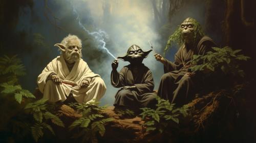 Yoda smoking with obi wan and dath vader