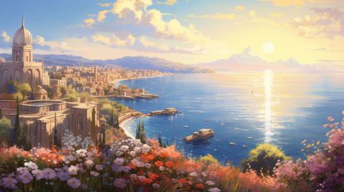 Sea, City, Flowers, Sun, Cathedral