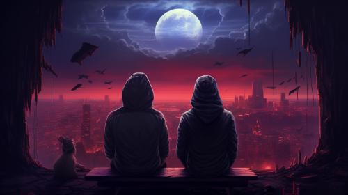 Two teenagers in hoodies sitting on a couch in front of a plasma tv on another planet