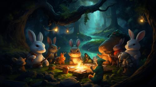 Wizard bunny adventures giant trees carrot potions smoking pipe campfire night