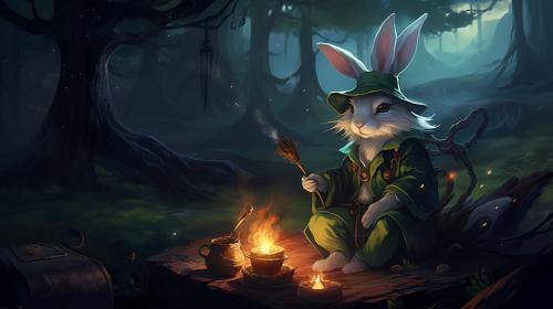 Wizard bunny adventures giant trees carrot potions smoking pipe campfire night