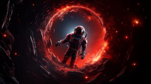 red Astronaut floating into astroid belt with breathtaking space and black hole in background