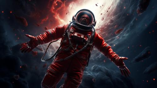 red Astronaut floating into astroid belt with breathtaking space and black hole in background