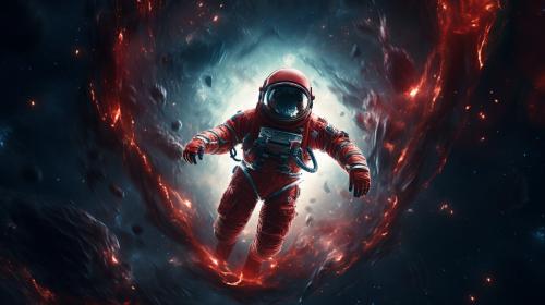 red Astronaut floating into astroid belt with breathtaking space and black hole in background