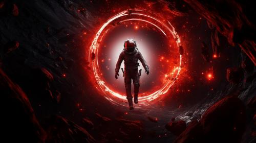 red Astronaut floating into astroid belt with breathtaking space and black hole in background