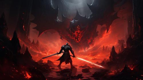 black Knight fighting goblins with red glowing swords in torch lit cavern