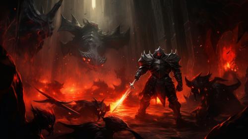 black Knight fighting goblins with red glowing swords in torch lit cavern