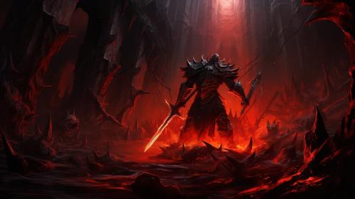 black Knight fighting goblins with red glowing swords in torch lit cavern