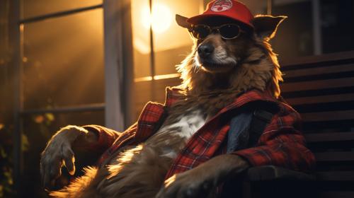 Redneck rooster wearing overalls red flannal shirt straw hat sitting rocking chair on front porch on farm house during sunrise