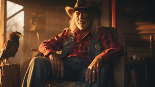 Redneck rooster wearing overalls red flannal shirt straw hat sitting rocking chair on front porch on farm house during sunrise