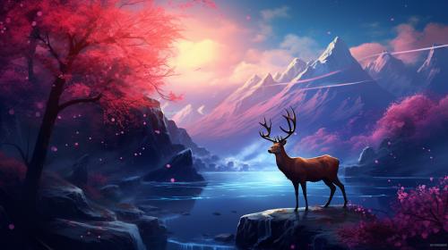 Mountains nightsky deer stars waterfall cherryblossems