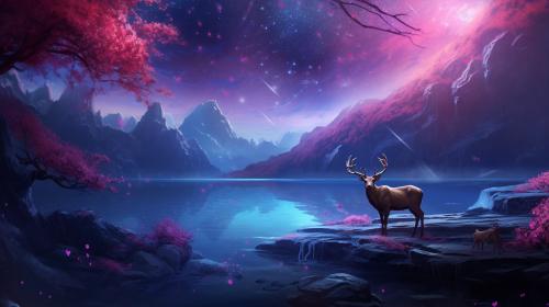 Mountains nightsky deer stars waterfall cherryblossems