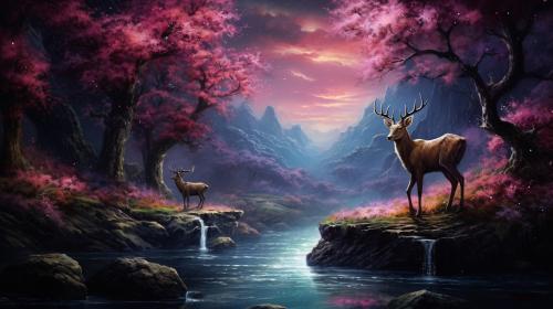 Mountains nightsky deer stars waterfall cherryblossems