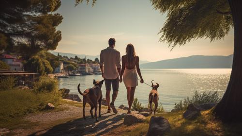 young man and woman walking with two Great Danes, around lake Garda in northern Italy walking towards their new home near lake.