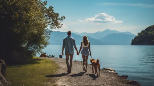 young man and woman walking with two Great Danes, around lake Garda in northern Italy walking towards their new home near lake.