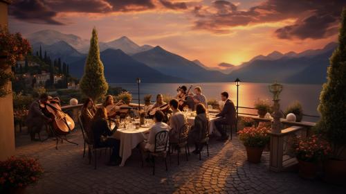 large balcony with family and friends eating food and enjoying traditional music being played by a  stringed quartet. Lake Garda in the background with high mountains at sunset.