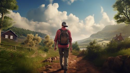 Man in checkered shirt wearing explorer's hat, walking up a woodland path to a friends house in the distance. Friend is waving at man in chequered shirt.