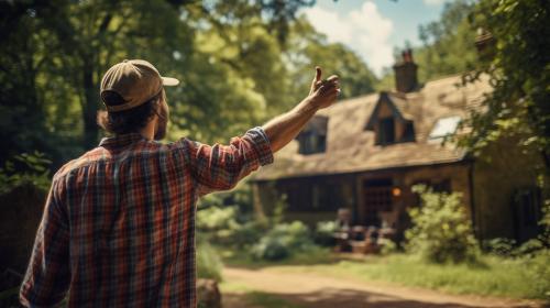 Man in checkered shirt wearing explorer's hat, walking up a woodland path to a friends house in the distance. Friend is waving at man in chequered shirt.