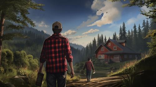 Man in checkered shirt wearing explorer's hat, walking up a woodland path to a friends house in the distance. Friend is waving at man in chequered shirt.