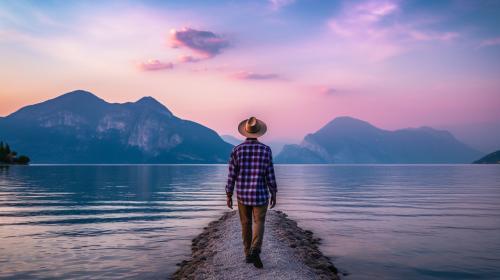 Man with purple checkered shirt short hair wearing a brimmed explorer's hat walking across lakeside in northern Italy Lake garda at sunrise.